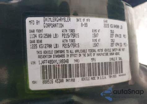 2000 Jeep Cherokee Sport из США, поврежденный, VIN 1J4FF48SXYL109348